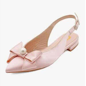 FYS Light Pink Pearl Bow Pointed Toe Slip on Singbacks Comfortable Pumps